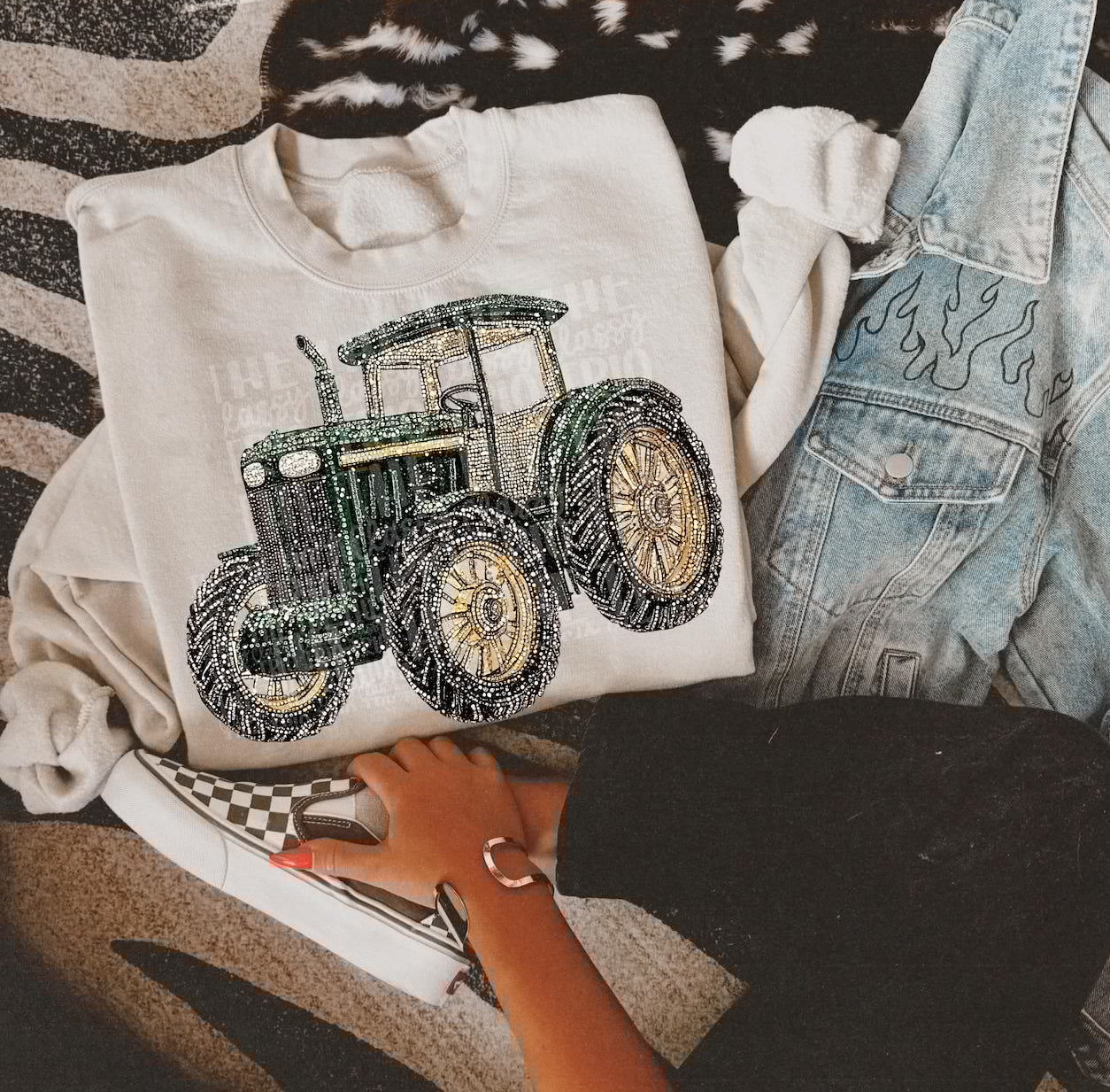 FAUX rhinestone green tractor